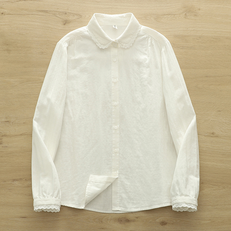 Πουκάμισο από βαμβακερό νήμα με γιακά τύπου doll, δαντελένιες λεπτομέρειες και πιέτες, χαλαρή γραμμή, μακριά μανίκια