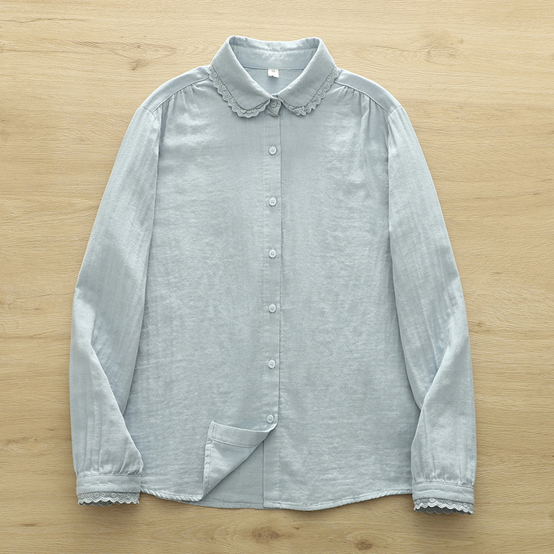 Πουκάμισο από βαμβακερό νήμα με γιακά τύπου doll, δαντελένιες λεπτομέρειες και πιέτες, χαλαρή γραμμή, μακριά μανίκια
