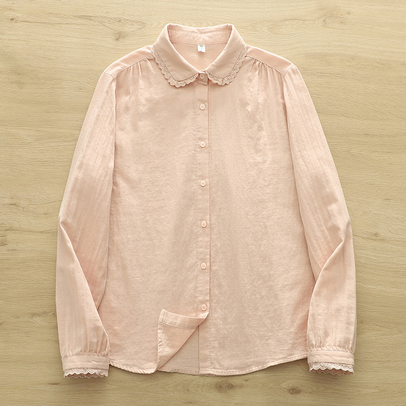 Πουκάμισο από βαμβακερό νήμα με γιακά τύπου doll, δαντελένιες λεπτομέρειες και πιέτες, χαλαρή γραμμή, μακριά μανίκια