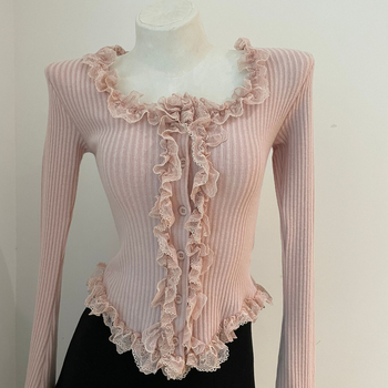 Καρντάγκαν από βαμβάκι με δαντελένιο τελείωμα, στρογγυλή λαιμόκοψη, μακριά φαρδιά μανίκια