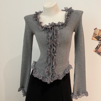 Καρντάγκαν από βαμβάκι με δαντελένιο τελείωμα, στρογγυλή λαιμόκοψη, μακριά φαρδιά μανίκια