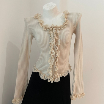 Καρντάγκαν από βαμβάκι με δαντελένιο τελείωμα, στρογγυλή λαιμόκοψη, μακριά φαρδιά μανίκια