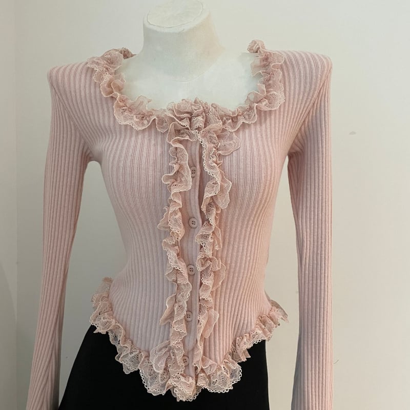 Καρντάγκαν από βαμβάκι με δαντελένιο τελείωμα, στρογγυλή λαιμόκοψη, μακριά φαρδιά μανίκια