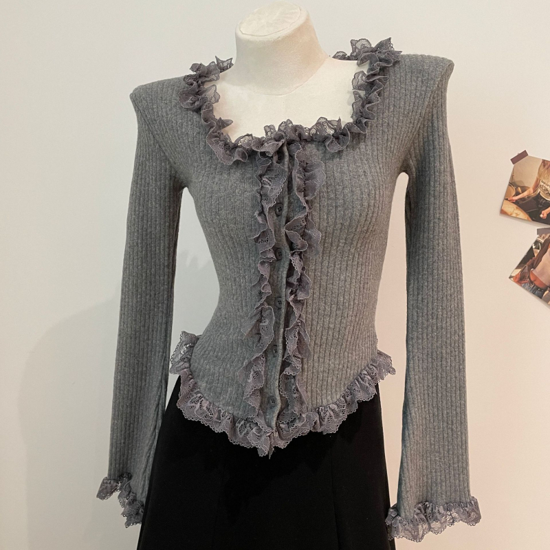 Καρντάγκαν από βαμβάκι με δαντελένιο τελείωμα, στρογγυλή λαιμόκοψη, μακριά φαρδιά μανίκια