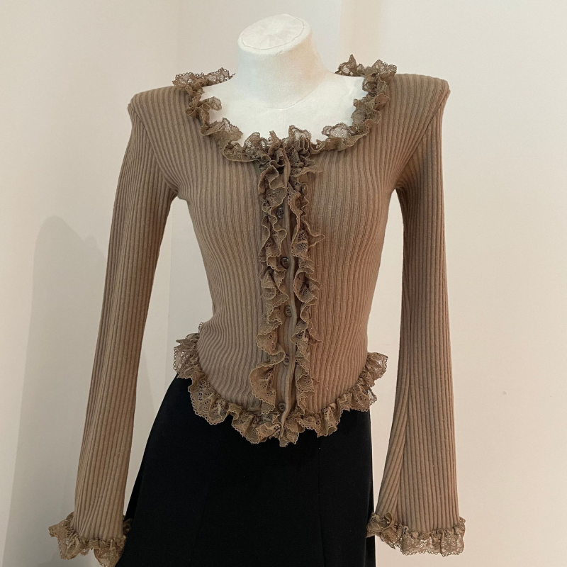 Καρντάγκαν από βαμβάκι με δαντελένιο τελείωμα, στρογγυλή λαιμόκοψη, μακριά φαρδιά μανίκια