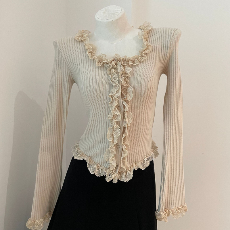 Καρντάγκαν από βαμβάκι με δαντελένιο τελείωμα, στρογγυλή λαιμόκοψη, μακριά φαρδιά μανίκια