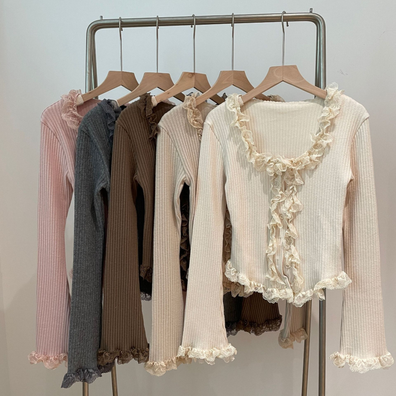 Καρντάγκαν από βαμβάκι με δαντελένιο τελείωμα, στρογγυλή λαιμόκοψη, μακριά φαρδιά μανίκια