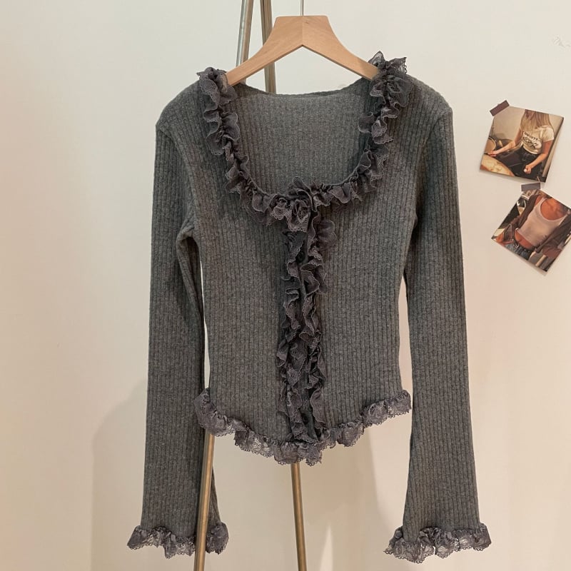 Καρντάγκαν από βαμβάκι με δαντελένιο τελείωμα, στρογγυλή λαιμόκοψη, μακριά φαρδιά μανίκια