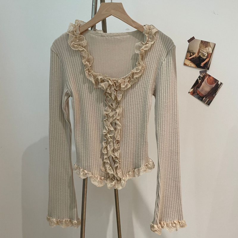 Καρντάγκαν από βαμβάκι με δαντελένιο τελείωμα, στρογγυλή λαιμόκοψη, μακριά φαρδιά μανίκια