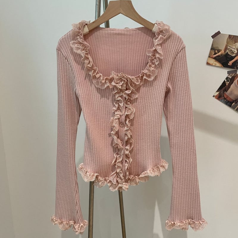 Καρντάγκαν από βαμβάκι με δαντελένιο τελείωμα, στρογγυλή λαιμόκοψη, μακριά φαρδιά μανίκια