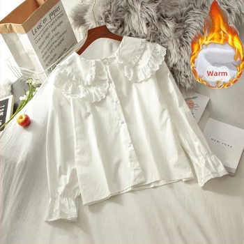 Πουκάμισο από δαντέλα, γιακά κούκλας, μακριά μανίκια, μονόχρωμο, πολυεστέρας