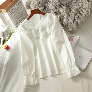 Πουκάμισο από δαντέλα, γιακά κούκλας, μακριά μανίκια, μονόχρωμο, πολυεστέρας