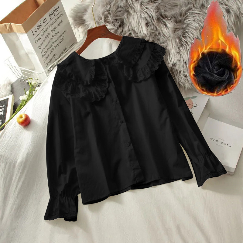 Πουκάμισο από δαντέλα, γιακά κούκλας, μακριά μανίκια, μονόχρωμο, πολυεστέρας