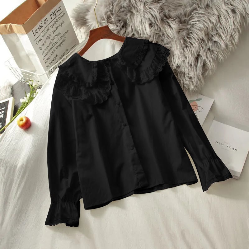 Πουκάμισο από δαντέλα, γιακά κούκλας, μακριά μανίκια, μονόχρωμο, πολυεστέρας