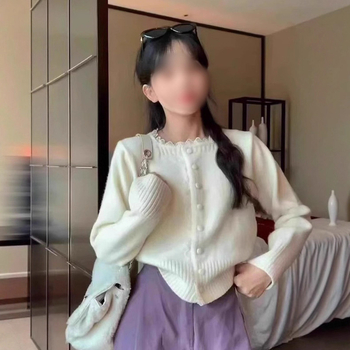 Ženski pleteni kardigan s čipkastim rubom, slobodan kroj, okrugli izrez, dugi rukavi