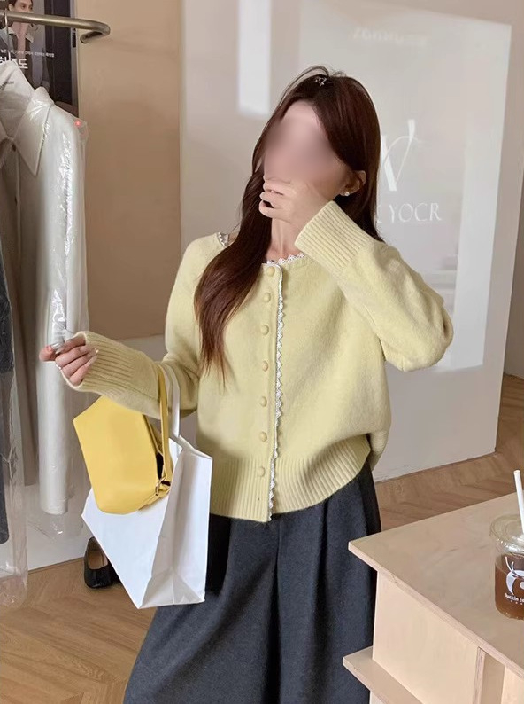 Ženski pleteni kardigan s čipkastim rubom, slobodan kroj, okrugli izrez, dugi rukavi