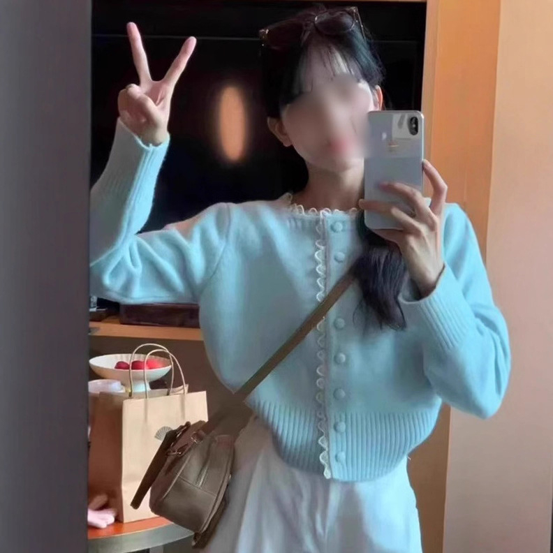 Ženski pleteni kardigan s čipkastim rubom, slobodan kroj, okrugli izrez, dugi rukavi