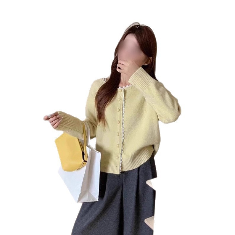 Ženski pleteni kardigan s čipkastim rubom, slobodan kroj, okrugli izrez, dugi rukavi