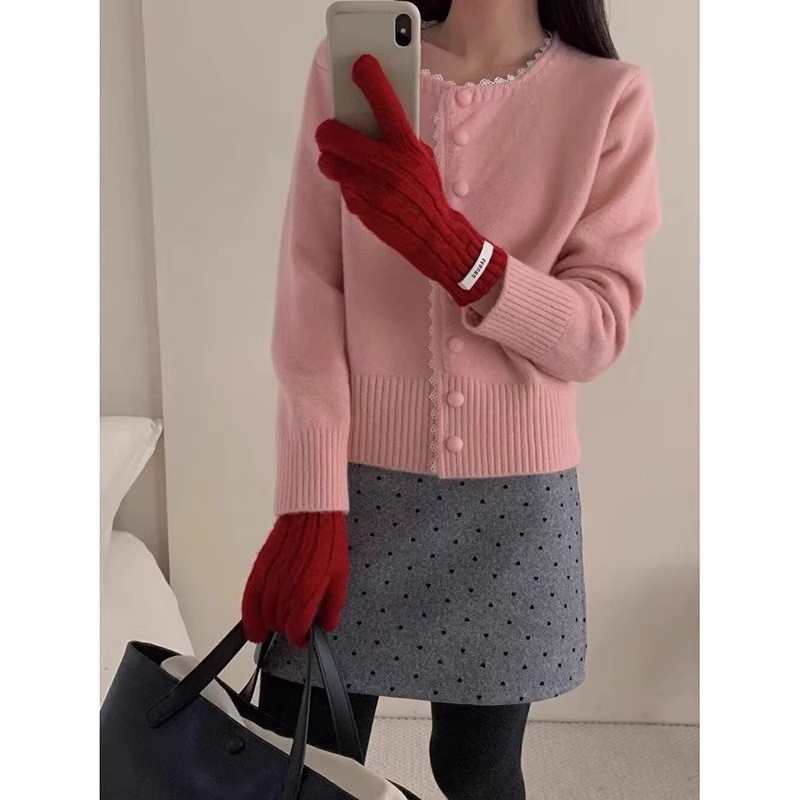 Ženski pleteni kardigan s čipkastim rubom, slobodan kroj, okrugli izrez, dugi rukavi