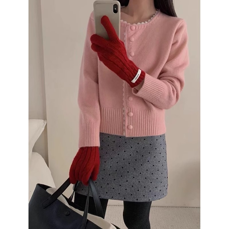 Ženski pleteni kardigan s čipkastim rubom, slobodan kroj, okrugli izrez, dugi rukavi