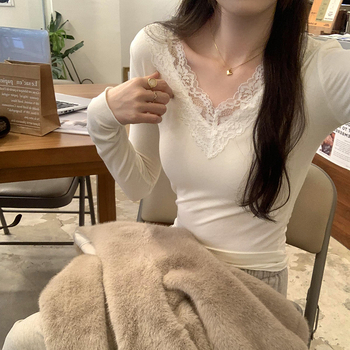 Μπλούζα με V-λαιμό, πλεκτό μείγμα βισκόζης-βαμβακιού, μακριά μανίκια, στενή γραμμή, μονόχρωτο σχέδιο, φθινοπωρινή-χειμερινή συλλογή 2024