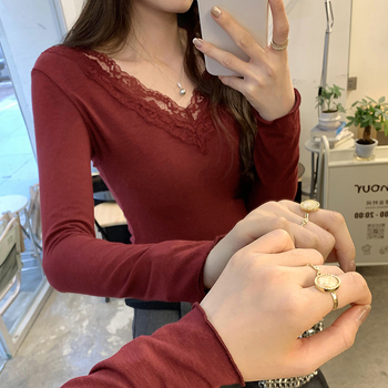 Μπλούζα με V-λαιμό, πλεκτό μείγμα βισκόζης-βαμβακιού, μακριά μανίκια, στενή γραμμή, μονόχρωτο σχέδιο, φθινοπωρινή-χειμερινή συλλογή 2024