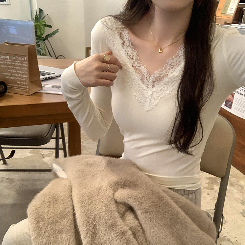 Μπλούζα με V-λαιμό, πλεκτό μείγμα βισκόζης-βαμβακιού, μακριά μανίκια, στενή γραμμή, μονόχρωτο σχέδιο, φθινοπωρινή-χειμερινή συλλογή 2024