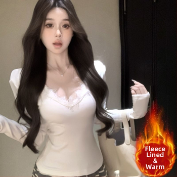 Γυναικεία φλις μπλούζα με V-λαιμό, πίσω με δαντέλα, μακριά μανίκια, oversize γραμμή, μήκος 50–65 εκ