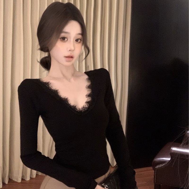 Γυναικεία φλις μπλούζα με V-λαιμό, πίσω με δαντέλα, μακριά μανίκια, oversize γραμμή, μήκος 50–65 εκ