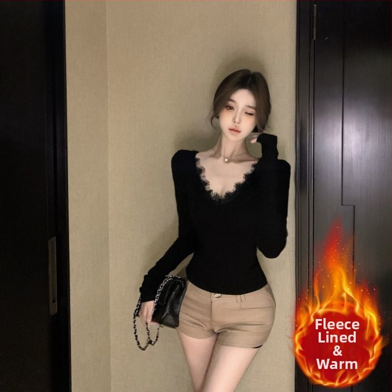 Γυναικεία φλις μπλούζα με V-λαιμό, πίσω με δαντέλα, μακριά μανίκια, oversize γραμμή, μήκος 50–65 εκ