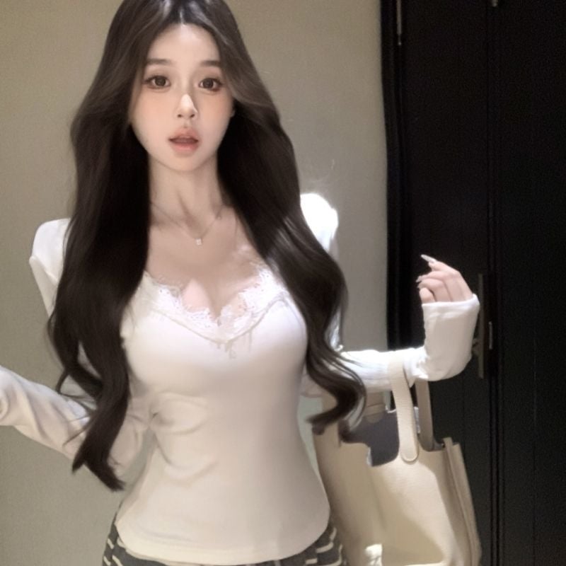 Γυναικεία φλις μπλούζα με V-λαιμό, πίσω με δαντέλα, μακριά μανίκια, oversize γραμμή, μήκος 50–65 εκ