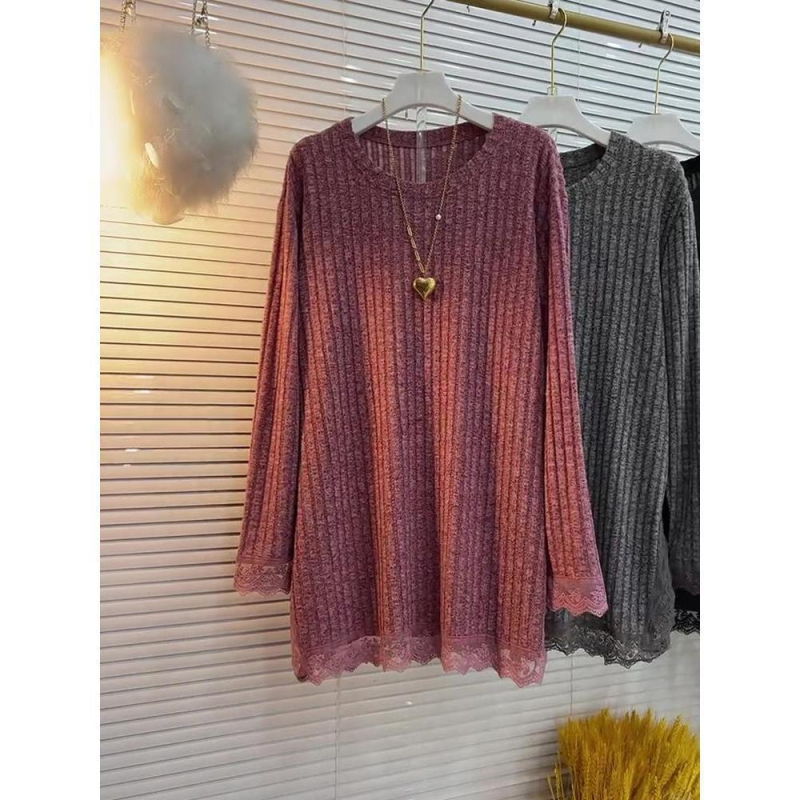 Majica T‑shirt s čipkastim umetkom, oversize kroj, dugi rukav, okrugli izrez, srednja duljina, poliester smjesa