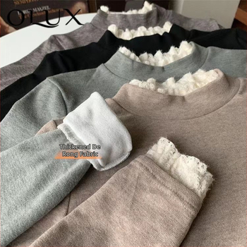 Μπλούζα με δαντελένιο άκρο, βελούδινη παχιά επένδυση φλίς, μακριά μανίκια, με ημιψηλό λαιμό, στενή γραμμή, πολυεστέρας-σπαντέξ