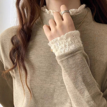 Μπλούζα με δαντελένιο άκρο, βελούδινη παχιά επένδυση φλίς, μακριά μανίκια, με ημιψηλό λαιμό, στενή γραμμή, πολυεστέρας-σπαντέξ