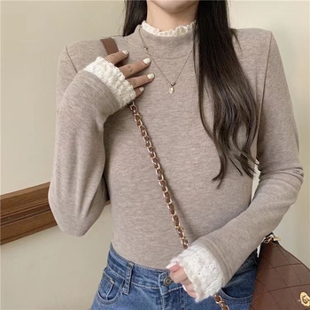 Μπλούζα με δαντελένιο άκρο, βελούδινη παχιά επένδυση φλίς, μακριά μανίκια, με ημιψηλό λαιμό, στενή γραμμή, πολυεστέρας-σπαντέξ