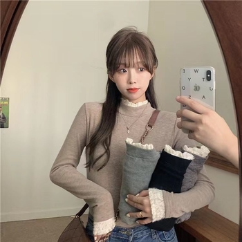 Μπλούζα με δαντελένιο άκρο, βελούδινη παχιά επένδυση φλίς, μακριά μανίκια, με ημιψηλό λαιμό, στενή γραμμή, πολυεστέρας-σπαντέξ