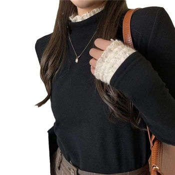 Μπλούζα με δαντελένιο άκρο, βελούδινη παχιά επένδυση φλίς, μακριά μανίκια, με ημιψηλό λαιμό, στενή γραμμή, πολυεστέρας-σπαντέξ