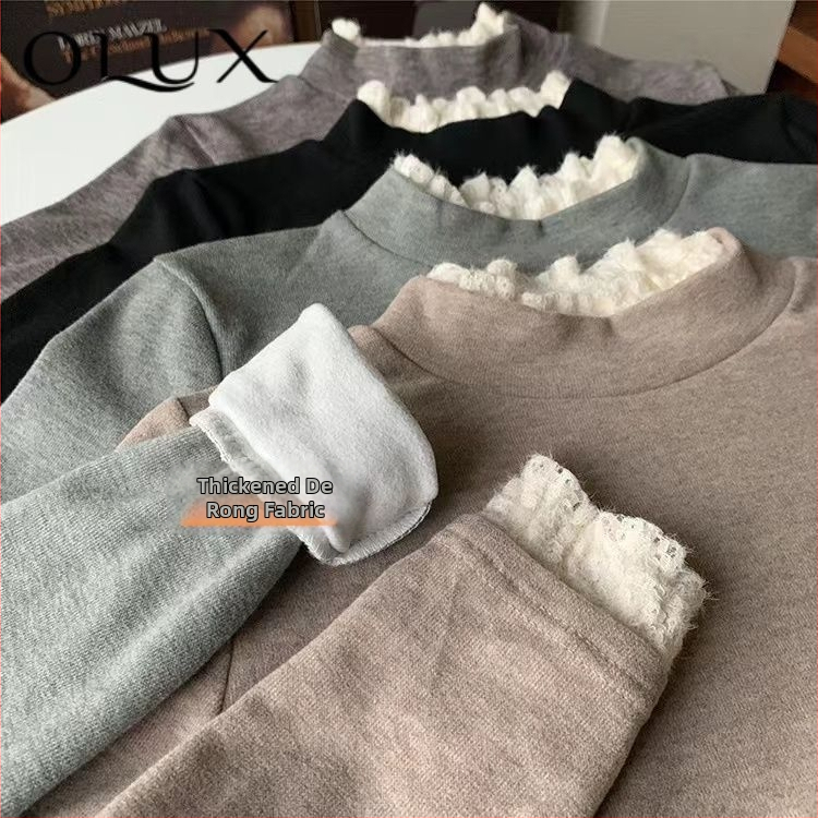 Μπλούζα με δαντελένιο άκρο, βελούδινη παχιά επένδυση φλίς, μακριά μανίκια, με ημιψηλό λαιμό, στενή γραμμή, πολυεστέρας-σπαντέξ