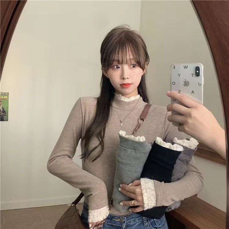 Μπλούζα με δαντελένιο άκρο, βελούδινη παχιά επένδυση φλίς, μακριά μανίκια, με ημιψηλό λαιμό, στενή γραμμή, πολυεστέρας-σπαντέξ