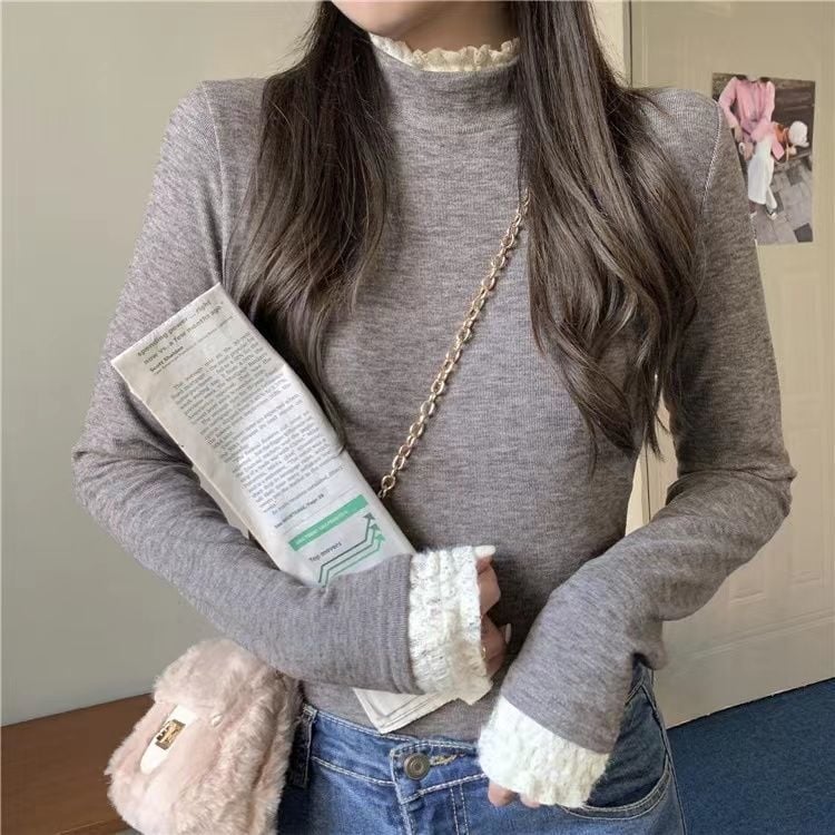 Μπλούζα με δαντελένιο άκρο, βελούδινη παχιά επένδυση φλίς, μακριά μανίκια, με ημιψηλό λαιμό, στενή γραμμή, πολυεστέρας-σπαντέξ