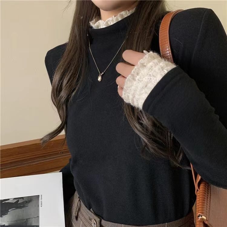 Μπλούζα με δαντελένιο άκρο, βελούδινη παχιά επένδυση φλίς, μακριά μανίκια, με ημιψηλό λαιμό, στενή γραμμή, πολυεστέρας-σπαντέξ