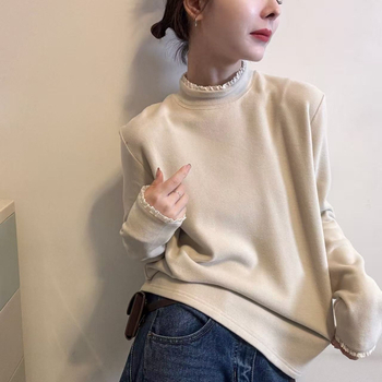 Bluza s čipkastim panelom, poluturtleneck, duge rukave, slobodan kroj (smjes Tencel)