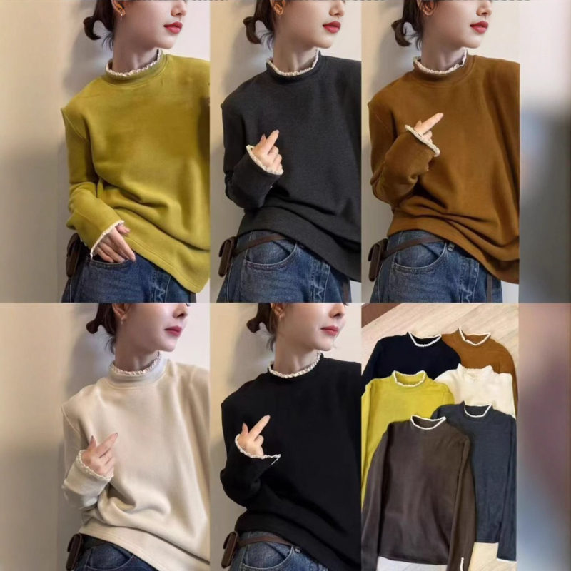 Bluza s čipkastim panelom, poluturtleneck, duge rukave, slobodan kroj (smjes Tencel)