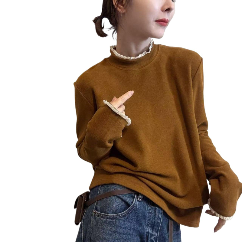 Bluza s čipkastim panelom, poluturtleneck, duge rukave, slobodan kroj (smjes Tencel)