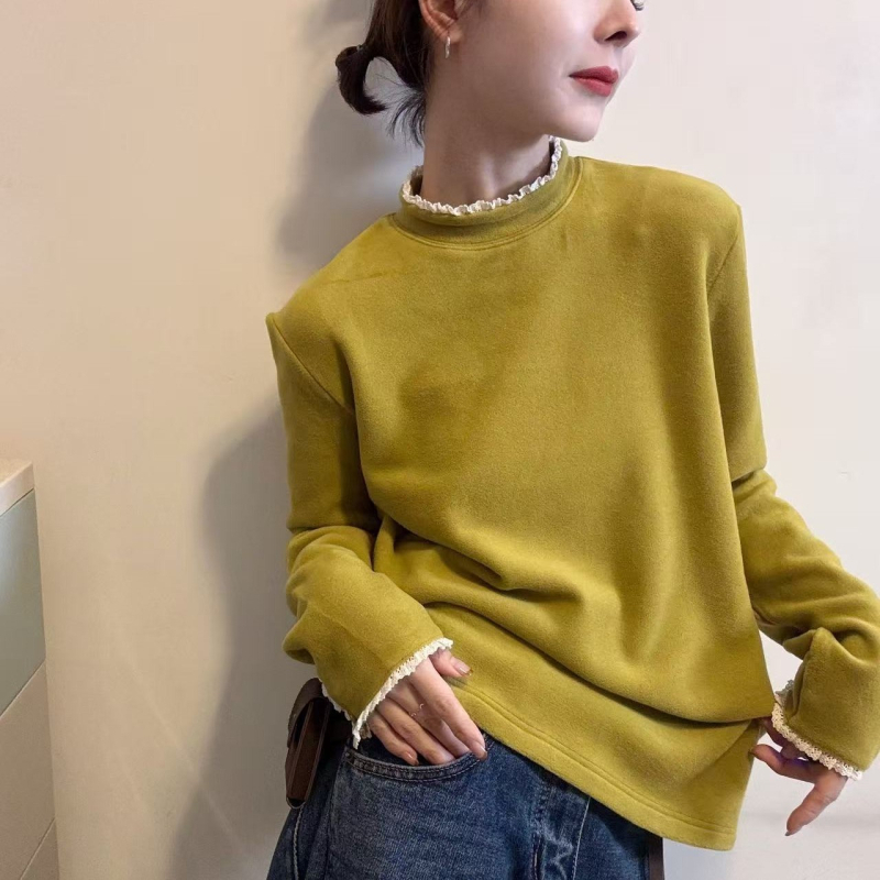 Bluza s čipkastim panelom, poluturtleneck, duge rukave, slobodan kroj (smjes Tencel)