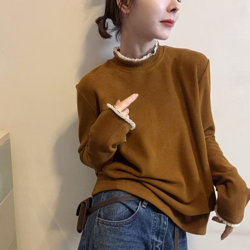 Bluza s čipkastim panelom, poluturtleneck, duge rukave, slobodan kroj (smjes Tencel)