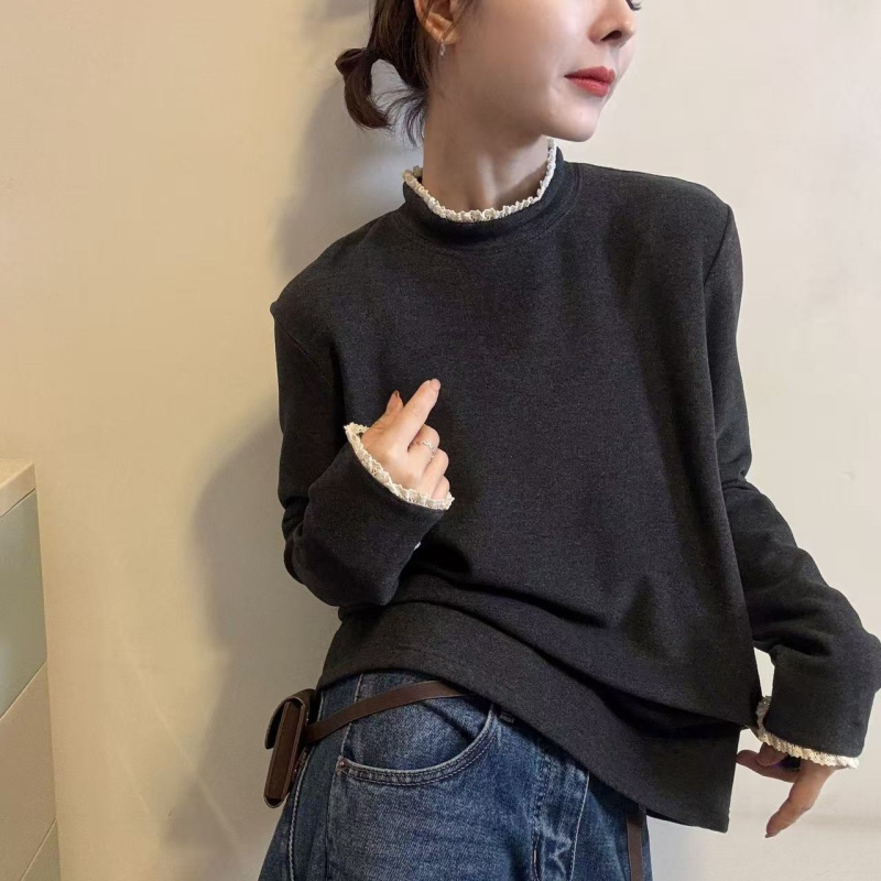 Bluza s čipkastim panelom, poluturtleneck, duge rukave, slobodan kroj (smjes Tencel)