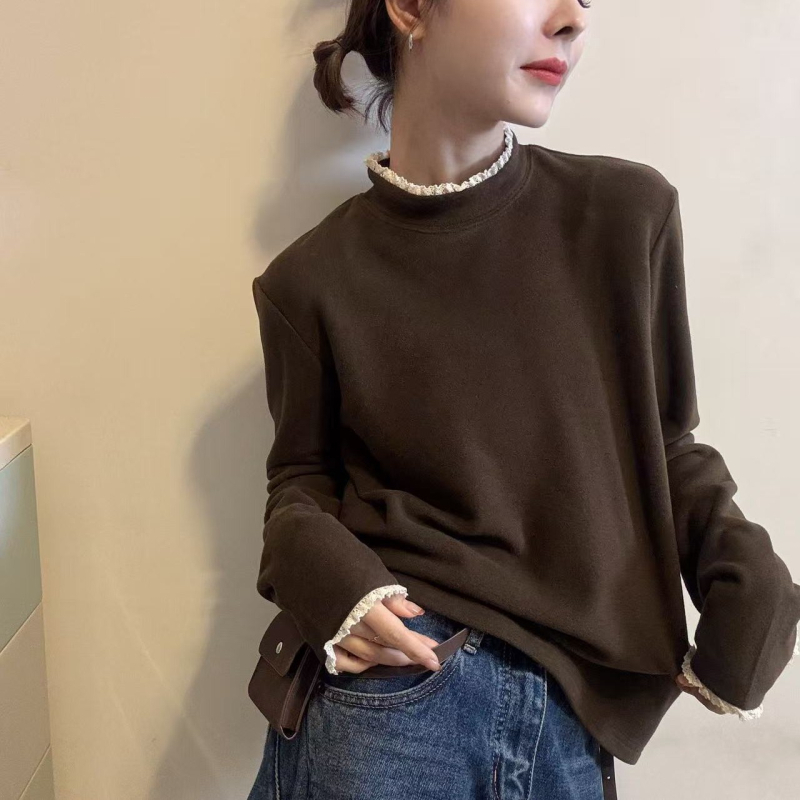 Bluza s čipkastim panelom, poluturtleneck, duge rukave, slobodan kroj (smjes Tencel)