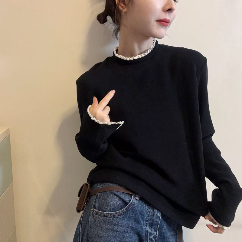 Bluza s čipkastim panelom, poluturtleneck, duge rukave, slobodan kroj (smjes Tencel)