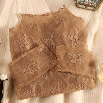 Top de catifea cu dantelă și plasă pentru femei, guler înalt, croială slim, lungime medie